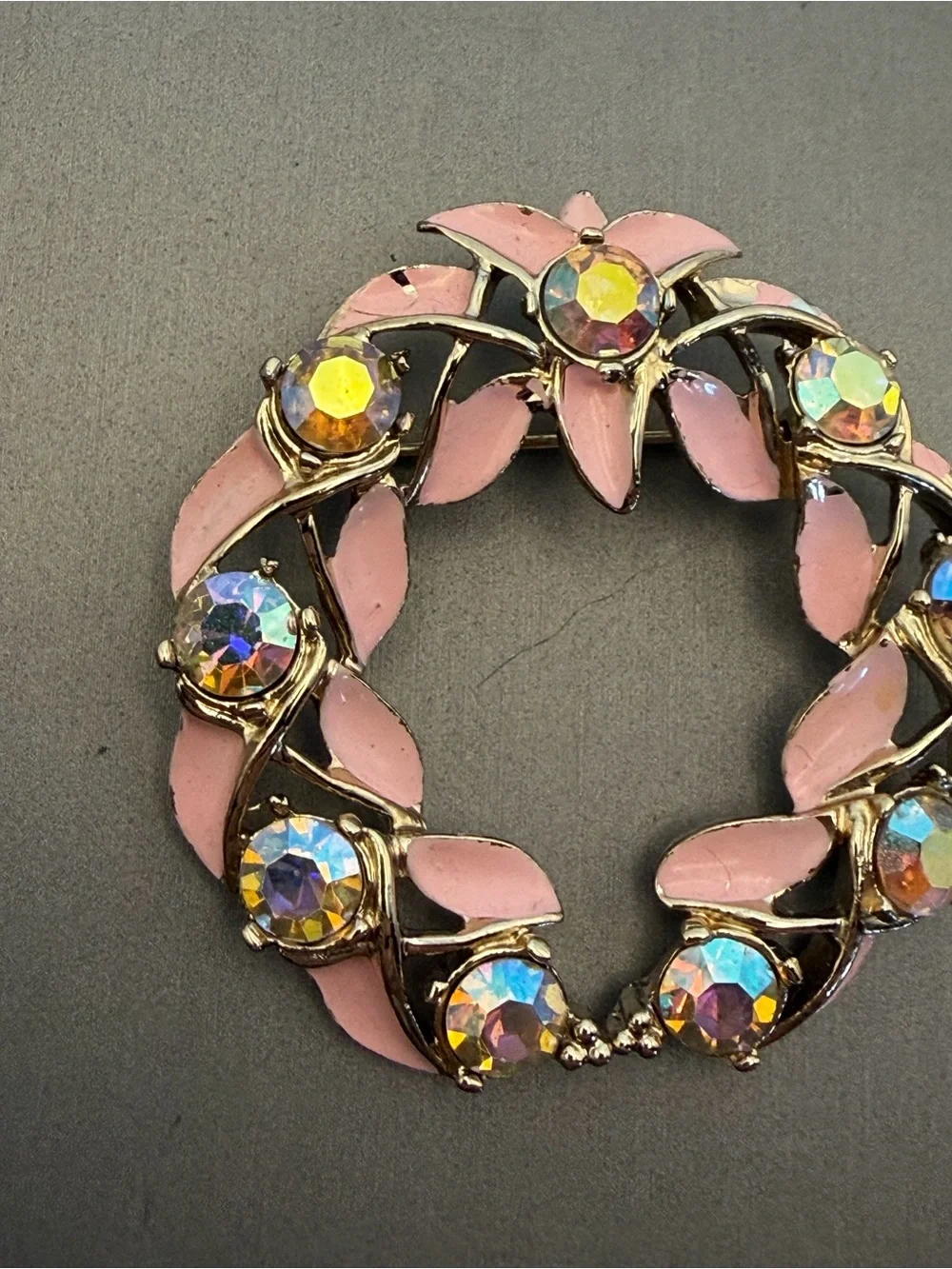Kramer Pink Enamel Aurora Borealis Crystal Wreath Brooch